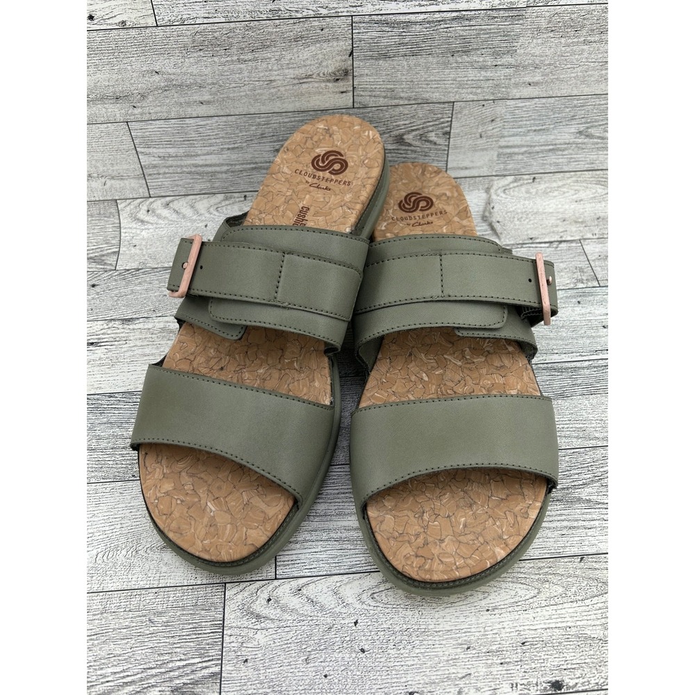 Clarks Cloudsteppers Olive Green Adjustable Buckle Slide Sandals Women Sz 9W